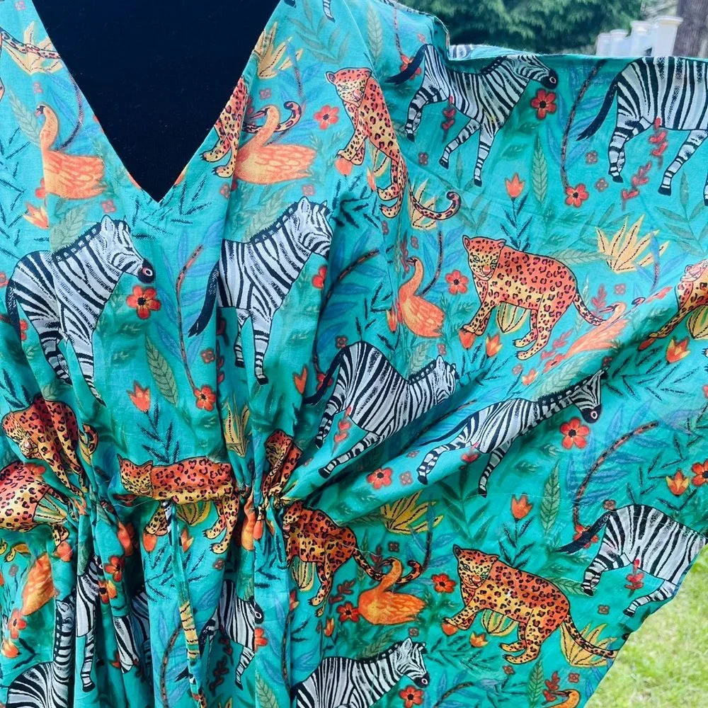 BRAND NEW Turquoise Tiger Print Cotton Kaftan Plus Size Bridesmaid Gown - Picture 2 of 5